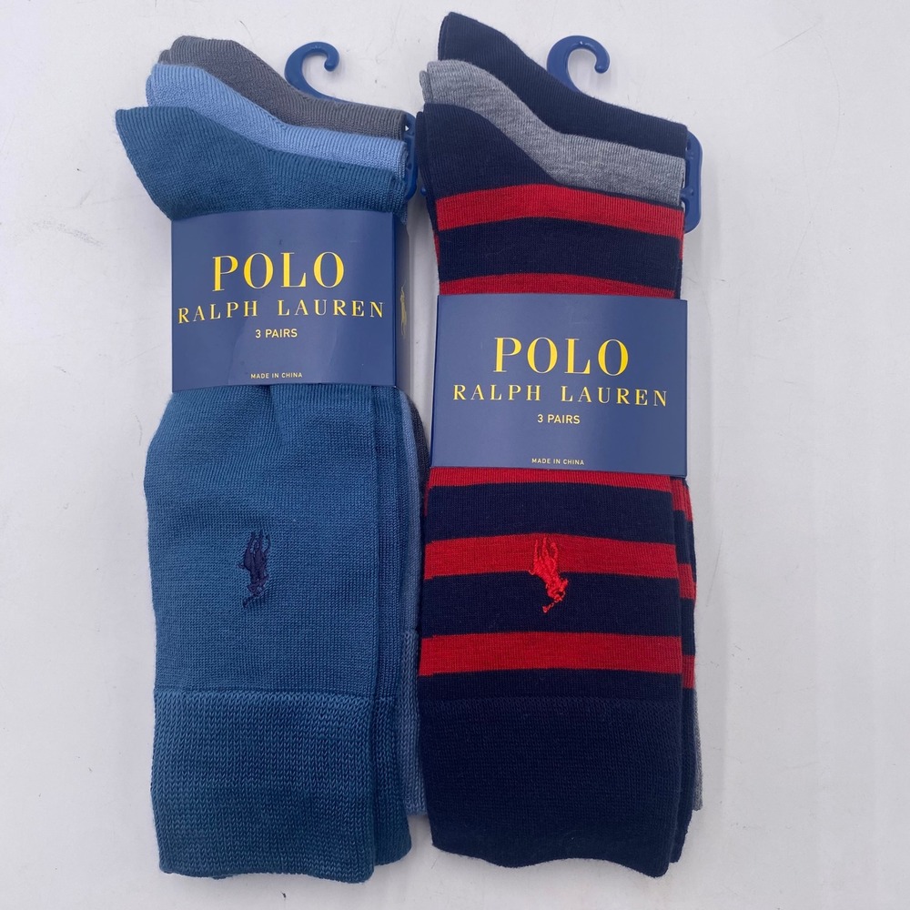 Polo Ralph Lauren 6 Pair Crew Socks Mens 10-13 Blue Red Striped Pony Logo New